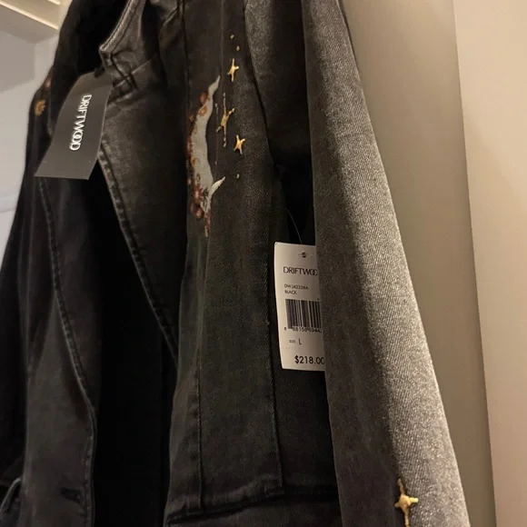 DRIFTWOOD / Free People Black Denim Embroidered Blazer with Mushroom sz L NWT - Picture 5 of 8